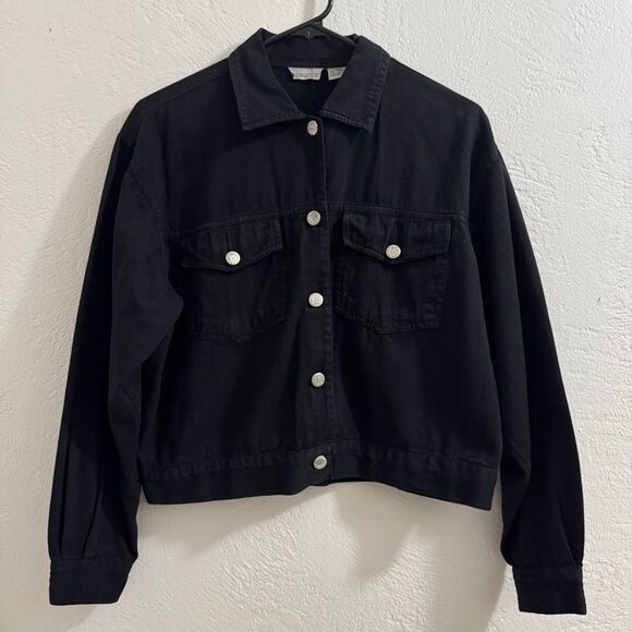 Vintage Feruccio Black Denim Cropped Buttoned Jacket M - Picture 1 of 6